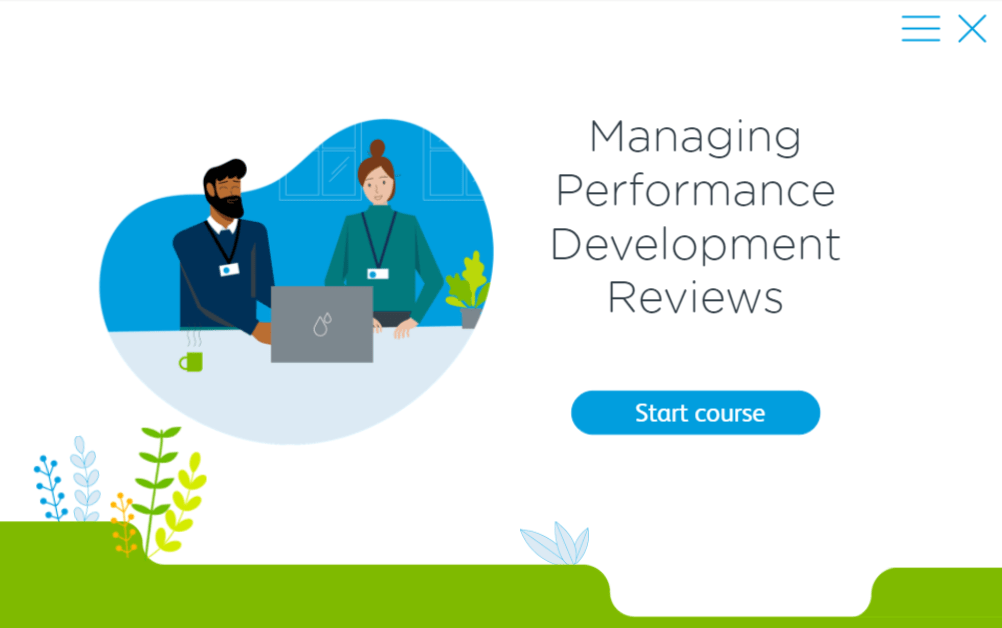 Screenshot of start page from a manager induction course. The title is 'Managing Performance Development Reviews'. The theme is playful, but corporate. 